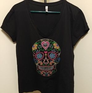 V Neck Sugar Skull Womens Tee